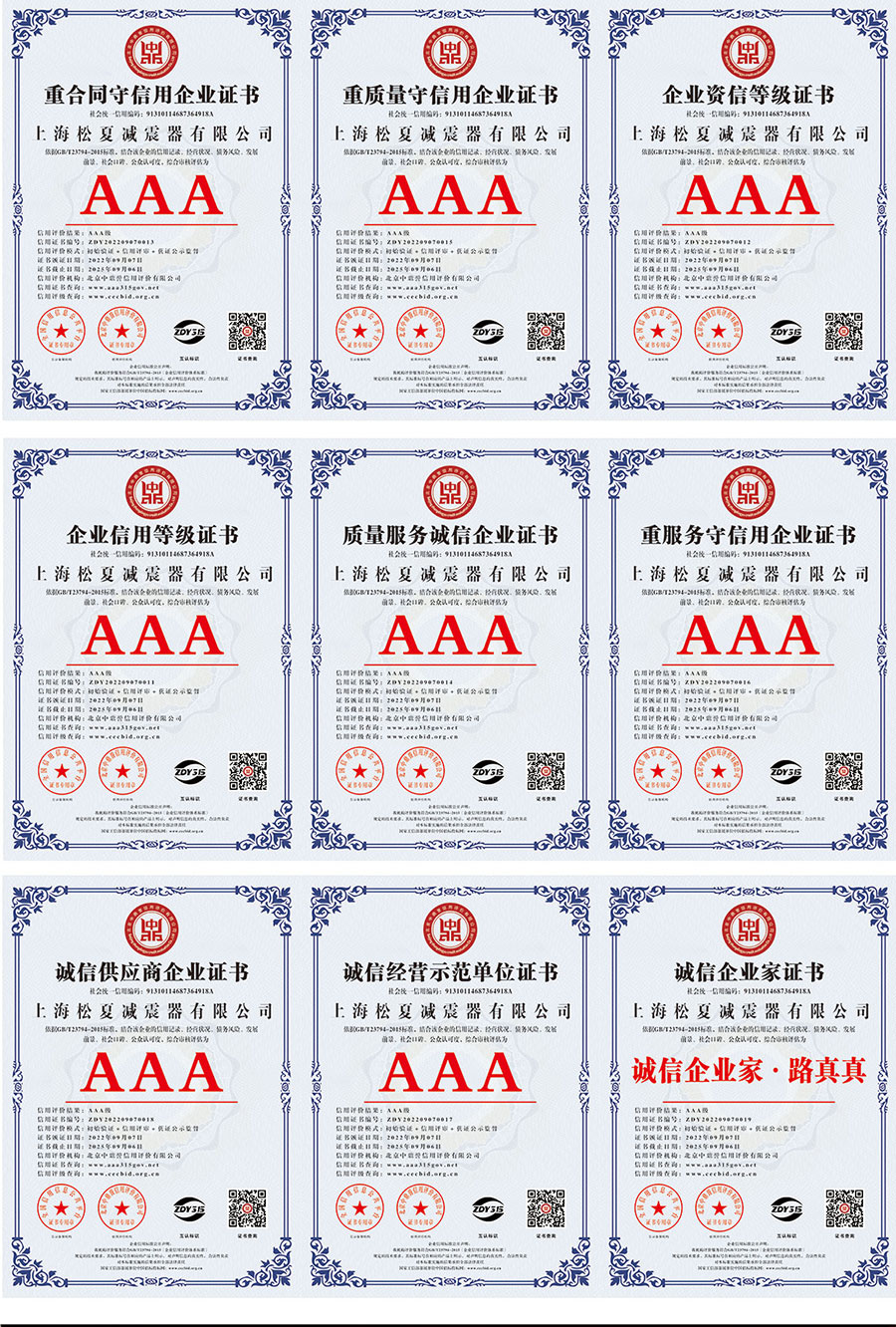 上海松夏減震器有限公司榮譽資質